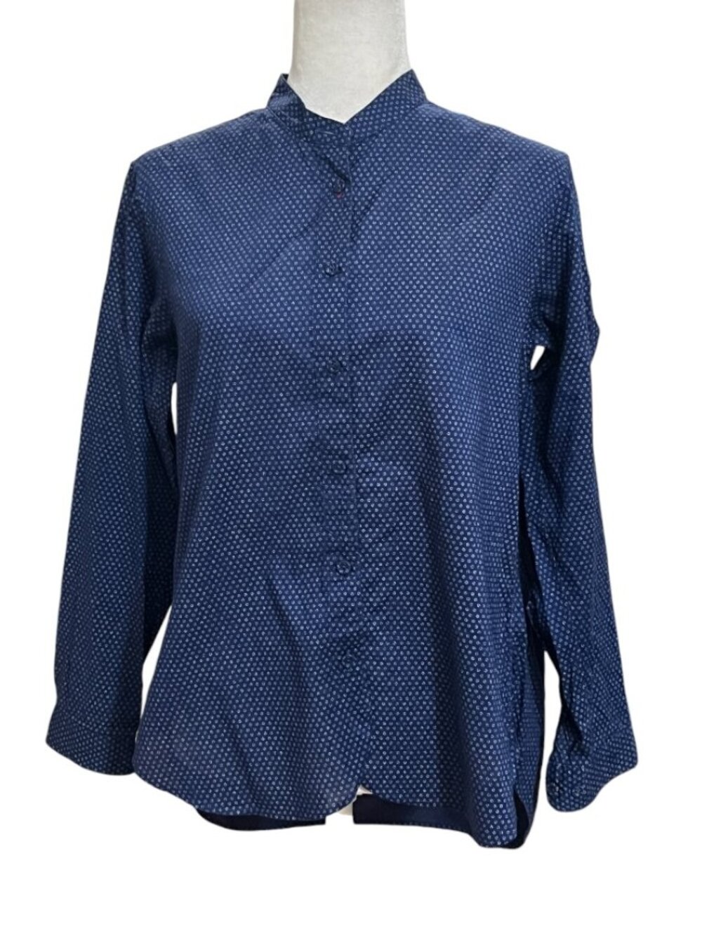 Uniqlo Ines De La Fressange Shirt Men Medium Blue Dot Print Band Collar Cotton